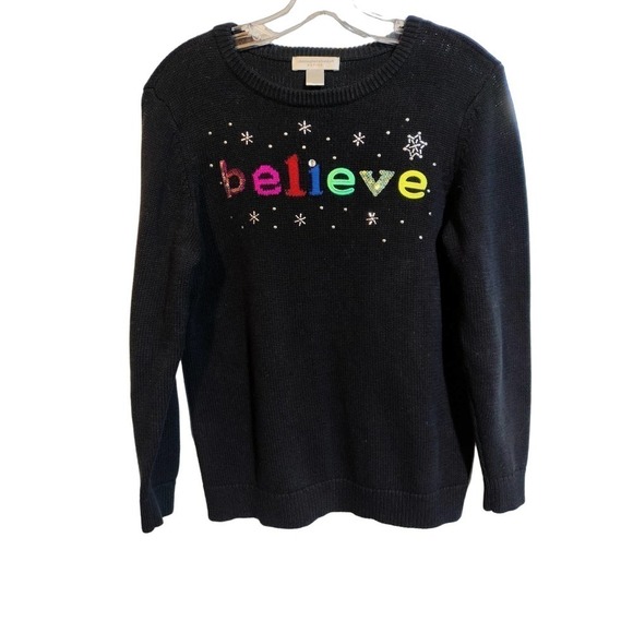 Christopher and Banks Christmas Holiday Sweater Black Knit Embellished Woman MED - Picture 1 of 6